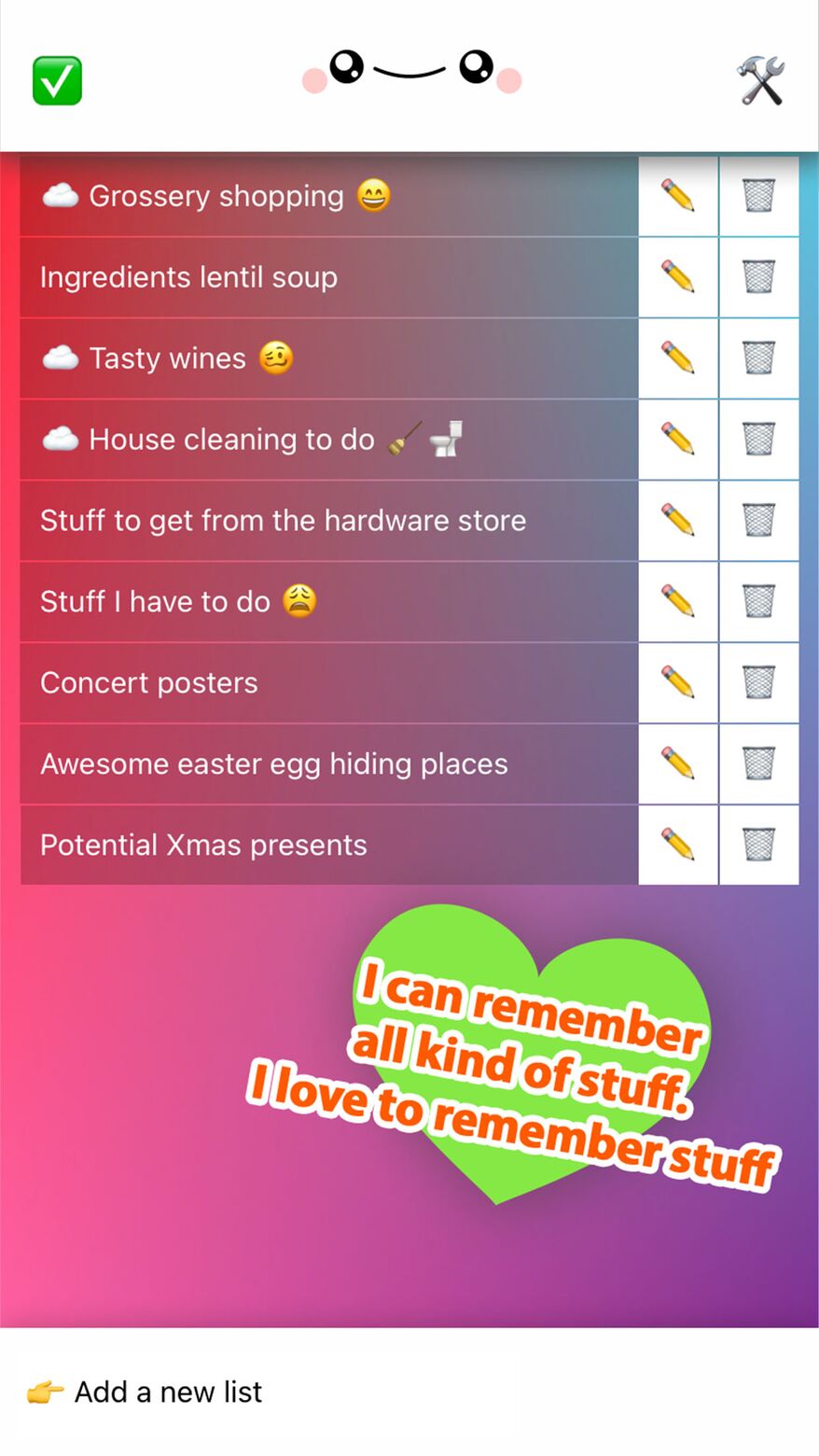 Overview of multiple lists in the MerkIchMir app